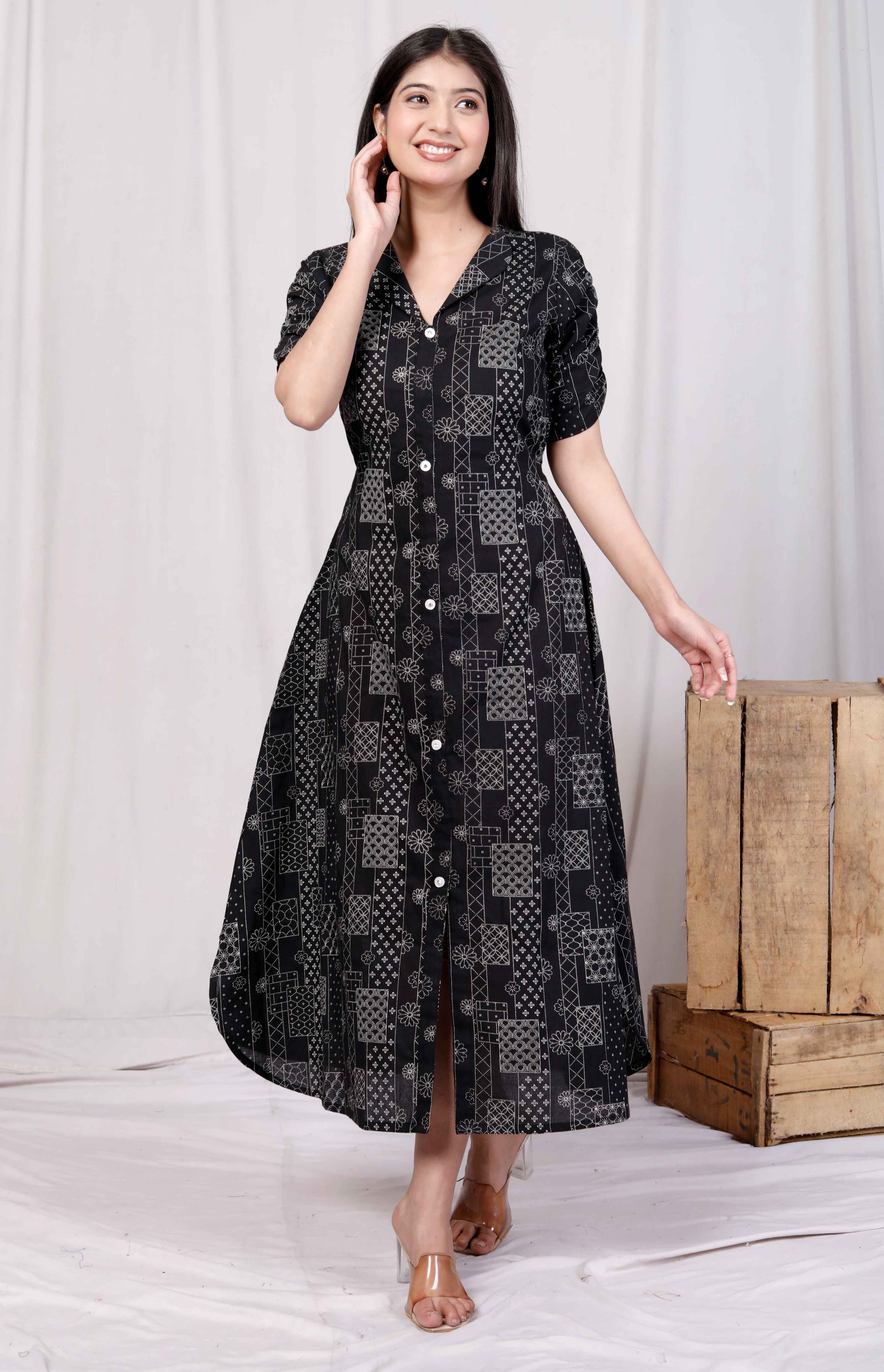 Black Floral Cotton A-Line Midi Dress with Front Buttons